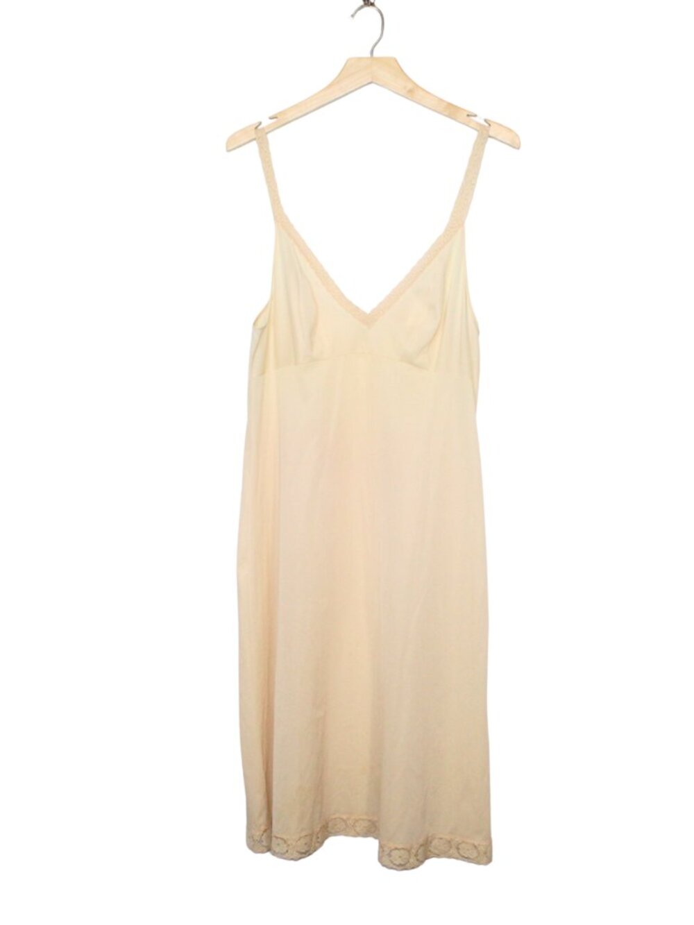 Vintage 70s women's slip dress size 36 L nude peach lace trim nightgown